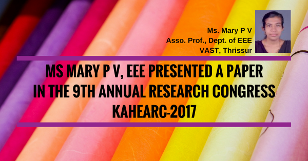 Prof Mary P V, EEE Dept, presented a paper at Karpagam Annual Research Congres - 2017