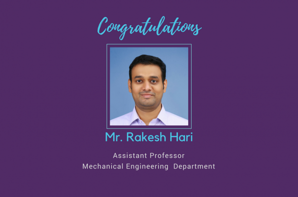 ME faculty Rakesh Hari awarded Ph D