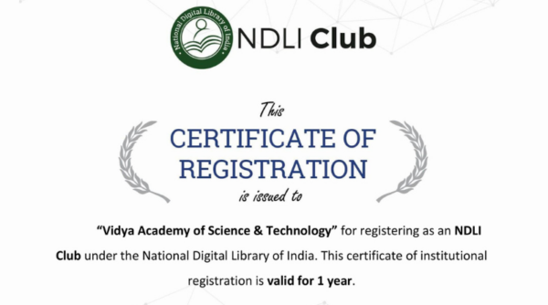 Vidya Central Library receives extended NDLI Club Registration Certificate