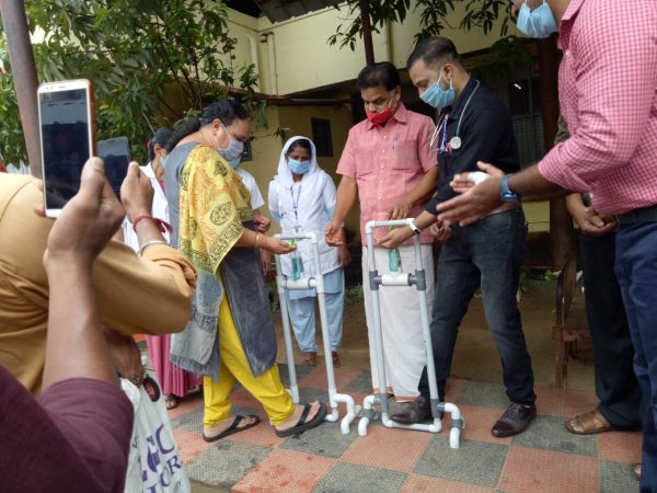 MLA hands over Vidya’s hands-free sanitizer dispenser to Alathur Thaluk Hospital