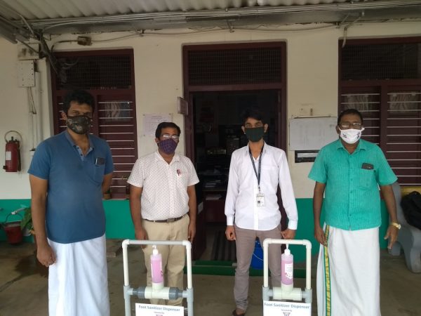 Y's Men Club hands over Vidya's sanitizer dispenser to the Pudukad Railway Station