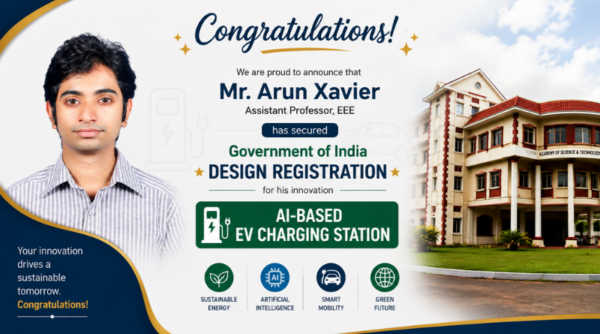 EEE Faculty member secures Government of India Design Registration for AI-Based EV Charging Station